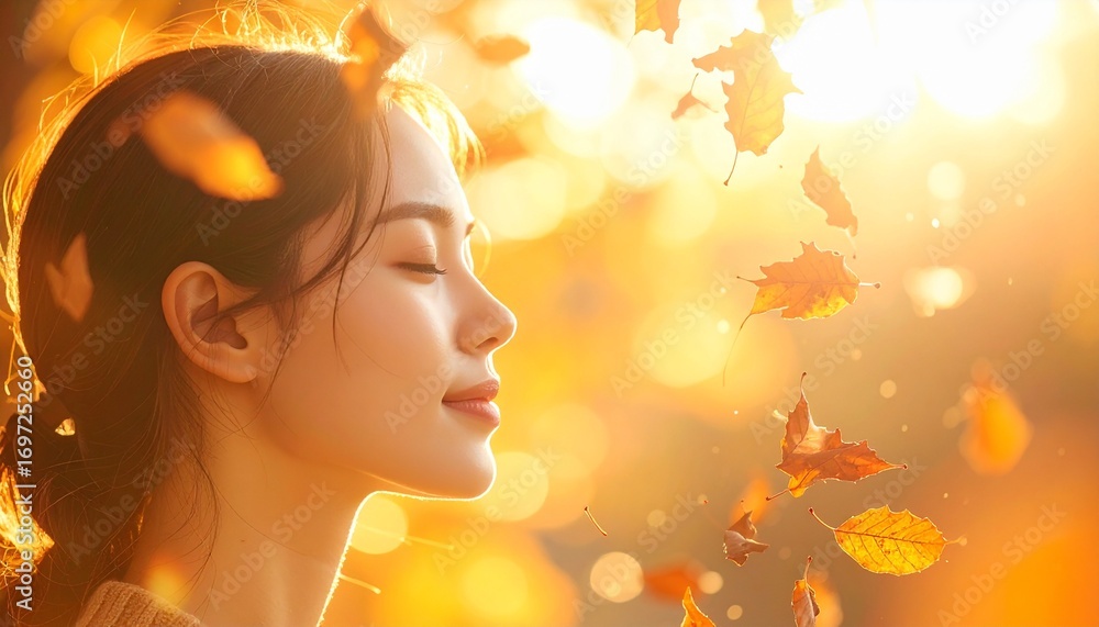 Fototapeta premium Side Profile Editorial Photograph of Woman with Falling Leaves Symbolizing Letting Go