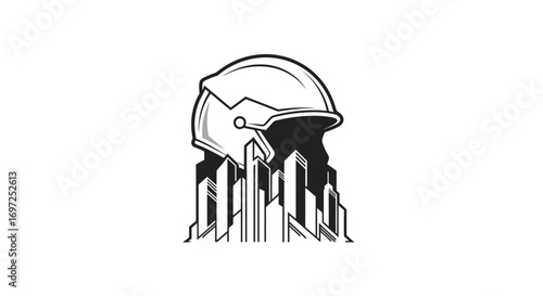 Monochrome construction safety helmet design with cityscape for building industry promotion