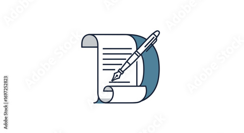 Stylized illustration showcasing a fountain pen poised over an unfurled scroll or parchment document