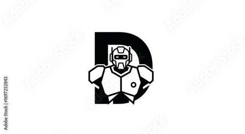 Letter D with robotic character embodies digital technology and modern design in bold form