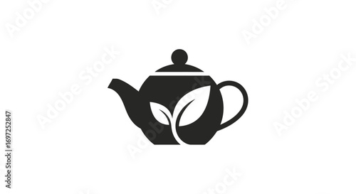 Elegant teapot with plant leaves for healthy organic herbal tea concept icon