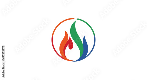 Abstract energetic circle symbol with vibrant flames and botanical elements design