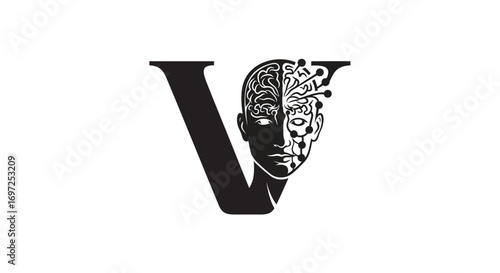 Conceptual art illustration of the letter V integrated with a stylized bionic face design