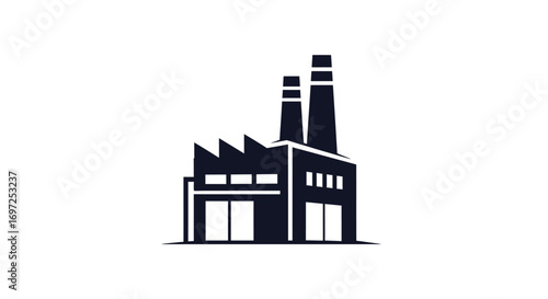 Simple vector illustration featuring a stylized monochrome factory building graphic