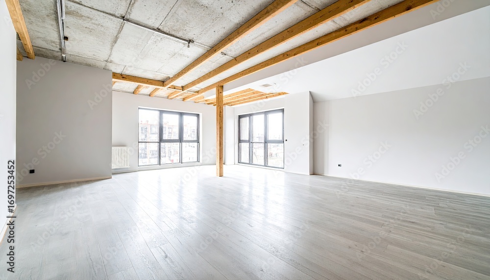 Fototapeta premium Spacious Loft Apartment Interior with Exposed Wood Beams and Concrete Floor
