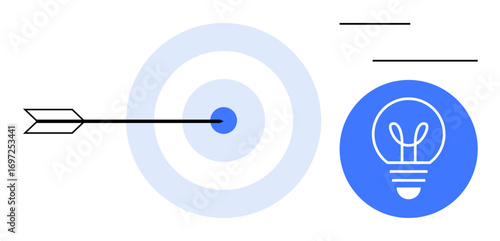 Black arrow targets blue bullseye next to glowing lightbulb. Ideal for innovation, goals, focus, ideas, success, strategy, achievement, simple landing page
