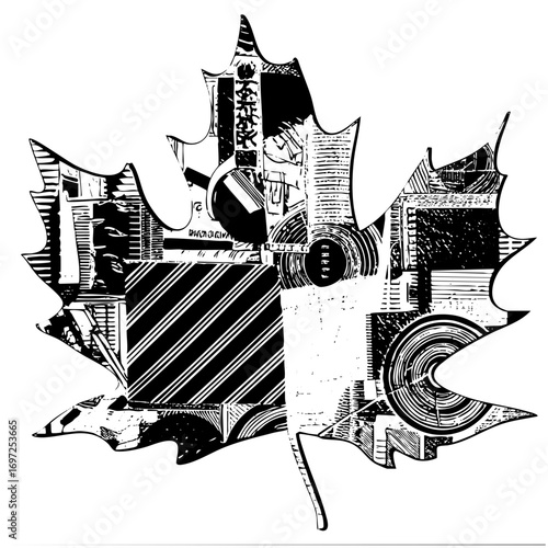 Vector Canadian maple leaf composed of cityscapes and architectural elements.