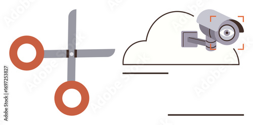 Scissors cutting cloud with CCTV camera indicate data privacy, surveillance, and cybersecurity themes. Ideal for digital protection, online privacy, compliance, encryption, cloud computing, hacking