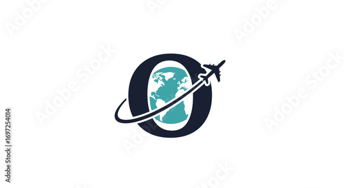 Globe Encapsulated by Letter O and Airplane Symbolizes Global Airline Travel