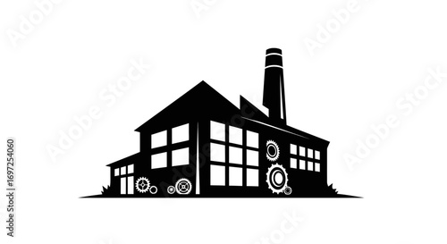 Stylized industrial plant illustration with prominent gears and a tall chimney stack design