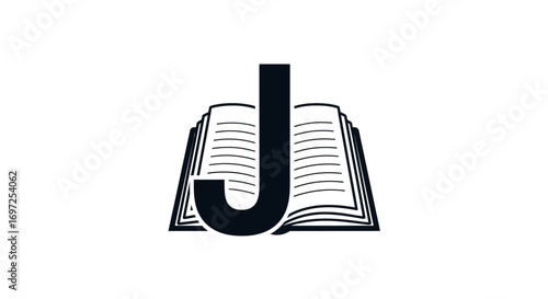 Open book with letter J emblem symbolizing knowledge and education library icon
