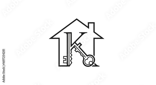 Elegant minimalist logo design featuring the letter K, house silhouette and keys illustrating real