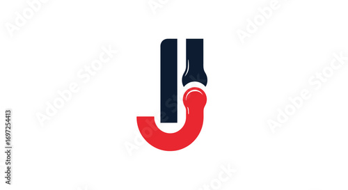Abstract design showcasing the letter J with a bold red curve and a deep blue accent element