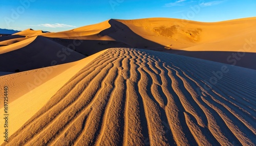 Fototapeta Naklejka Na Ścianę i Meble -  Warm Beige Desert Dune Landscape with Micro-Ripples at Sunset