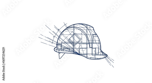 Technical drawing style illustration of a safety helmet with design blueprint lines