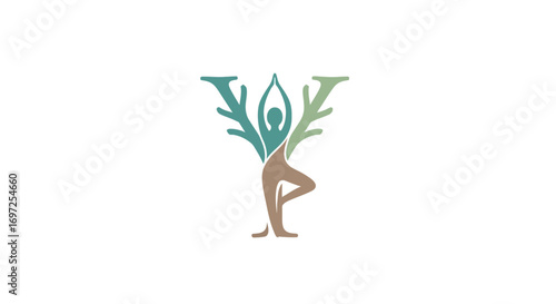 Harmonious yoga pose illustration intertwined with nature for wellness and balance concept