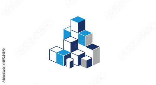 Abstract three dimensional block structure in shades of blue and gray for design work