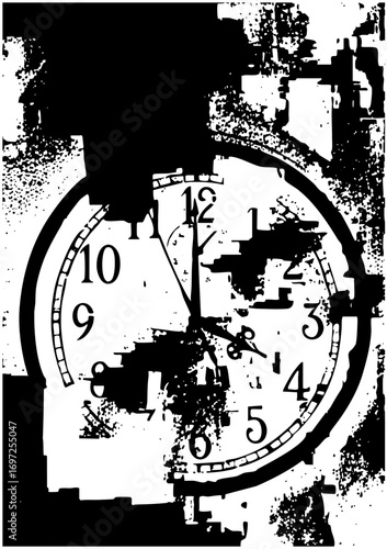 Vector Distressed clock face with hands pointing to one oclock.