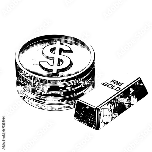 Vector Stacked currency symbol and gold ingot .