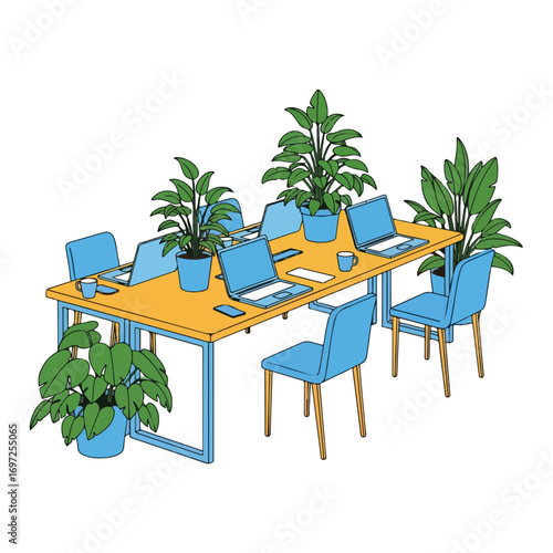 Modern Office Space With Plants and Laptop