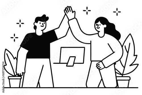 Coworker air high-fiving at work between a transparent divider.
