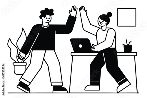 Coworker air high-fiving at work between a transparent divider.