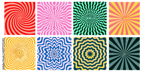 Collection of eight vibrant abstract psychedelic optical illusion patterns with swirling and radiating lines in various colors