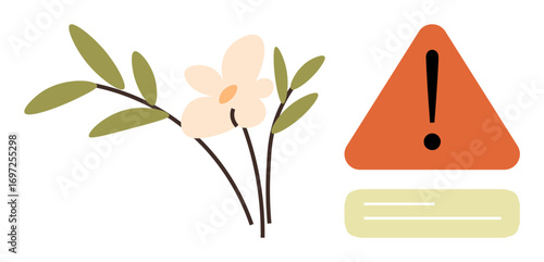 Minimalist floral branch with orange warning triangle and text block. Ideal for caution, alert, nature, balance, conflict, safety, and precaution messages. Simple flat metaphor