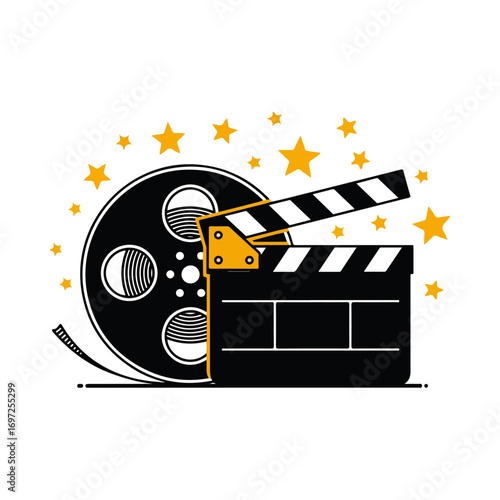 Retro Cinema Film Reel Clapper Board Stars