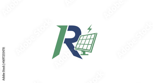 Modern solar panel logo design with initial R, conveys a clean, renewable energy source
