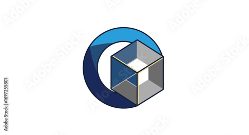 Abstract geometric composition featuring a cube intersected by a gradient circle logo concept
