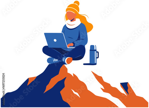 Woman Working Remotely Atop Snowy Mountain Peak