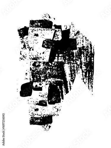 Vector Abstract distressed face with bold black shapes.