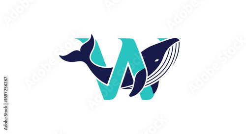 Elegant whale tail and body incorporated into a stylized letter W logo design