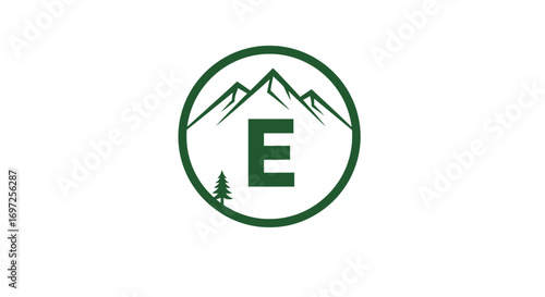 Elegant mountain logo design featuring letter E integrated with nature scenery inside circle