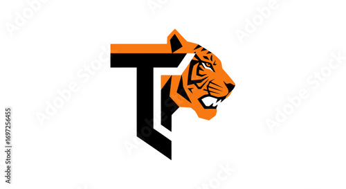 Bold tiger head integrated with letter T representing power and sharp graphic illustration
