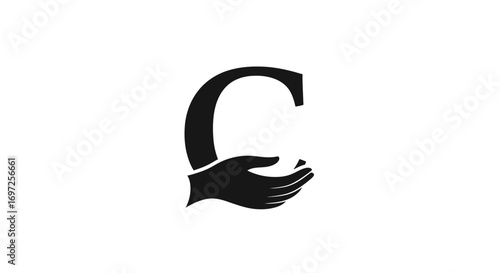 Elegant letter C logo concept with a supportive hand gesture in black and white, conveying care