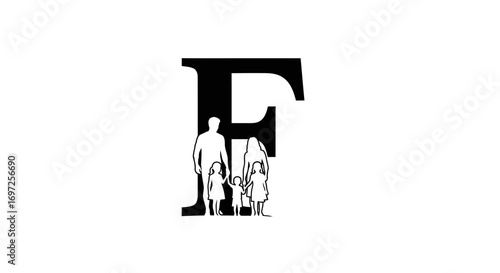 Family initial logo showcasing letter F with figures of parents and children illustration
