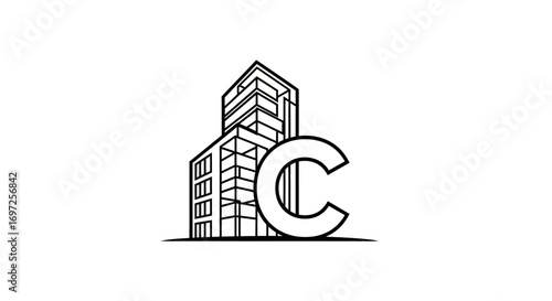 Architectural design featuring a letter C and a modern building construction silhouette