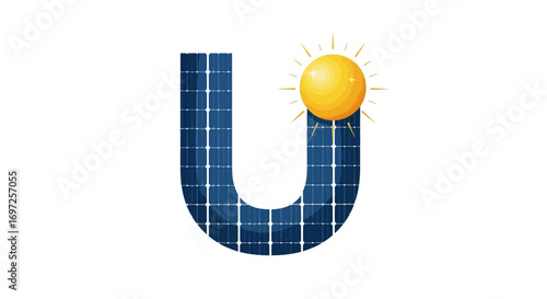 Illustration of letter U with solar panel texture and a sun graphic promoting renewable energy