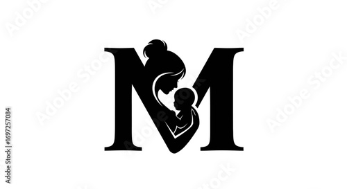 Elegant depiction of motherhood: Letter 'M' silhouette with mother and child emblem