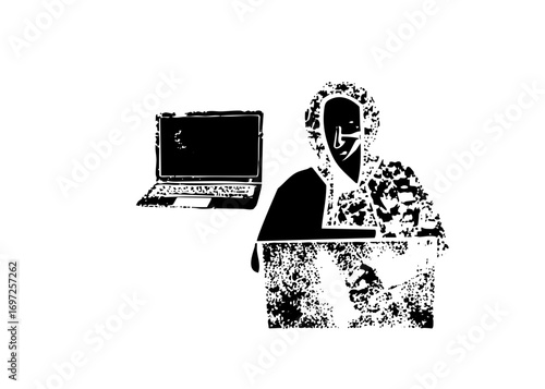Vector Hooded figure operates a computer with a keyboard and monitor.