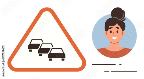 Traffic warning triangle with cars indicating congestion beside a smiling woman illustration. Ideal for transportation, urban commuting, road safety, public awareness, hazard signs, traffic
