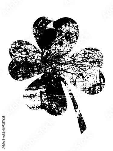 Vector Distressed four-leaf clover with textured petals and stem.