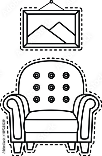 Cozy armchair with framed artwork on a minimalist background, perfect for interior design concepts.