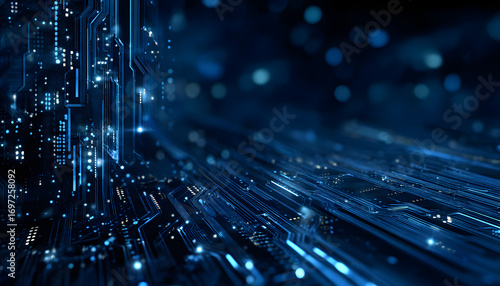 High-tech circuit board background, abstract digitaltechnology presentations, lectronic components, digial infrastructure, blue teh theme, modern electronic evolution expansion backgound image
