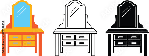 Elegant vanity table with mirror and drawers, presented in color, line art, and silhouette.