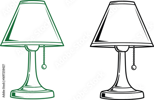 Classic desk lamp with pull chain, presented in outline and filled illustration.