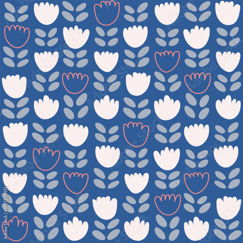 Scandinavian Folk Blue Floral Seamless Pattern