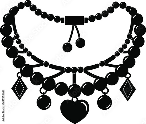 Elegant black beaded necklace with heart and diamond pendants, a symbol of classic style and luxury.